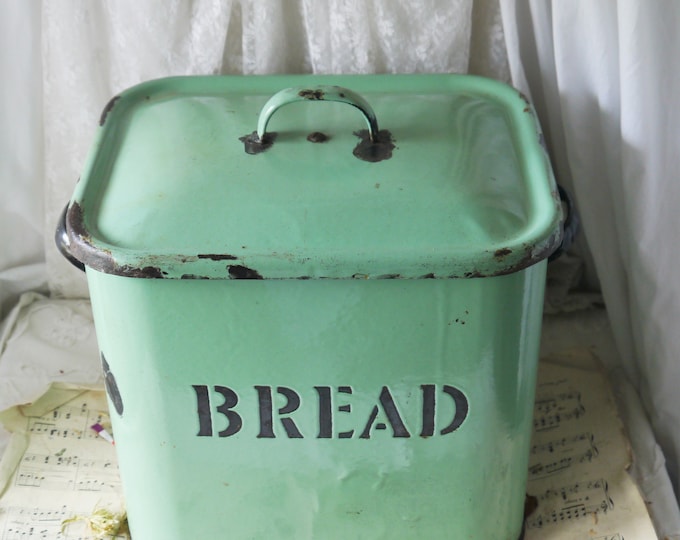 Green Vintage Enamel Bread Bin With Embossed Lettering Etsy