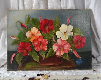Naive Vintage Floral Painting on Canvas