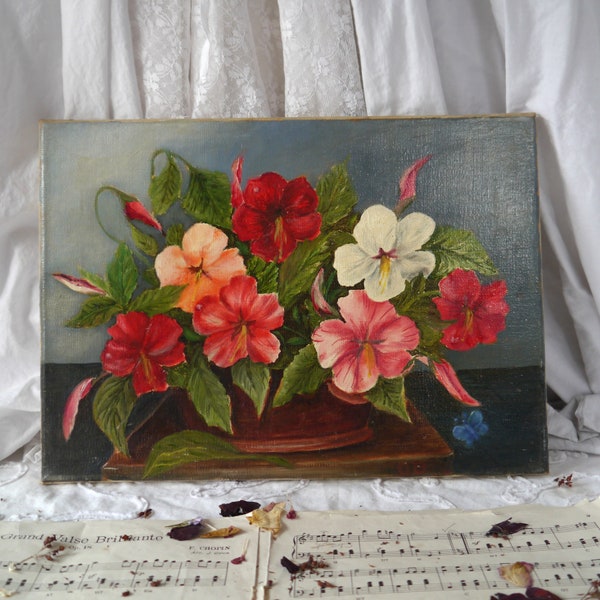 Peinture florale vintage naïve sur toile