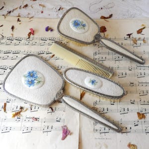 Vintage Hand Mirror and Brush Set with Ceramic Flower Disc and Chrome Frame and Handles