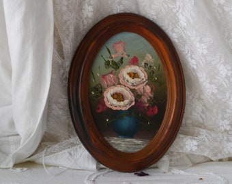 Kleines ovales Vintage Blumengemälde
