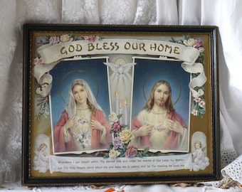 Vintage Religious Print God Bless Our Home