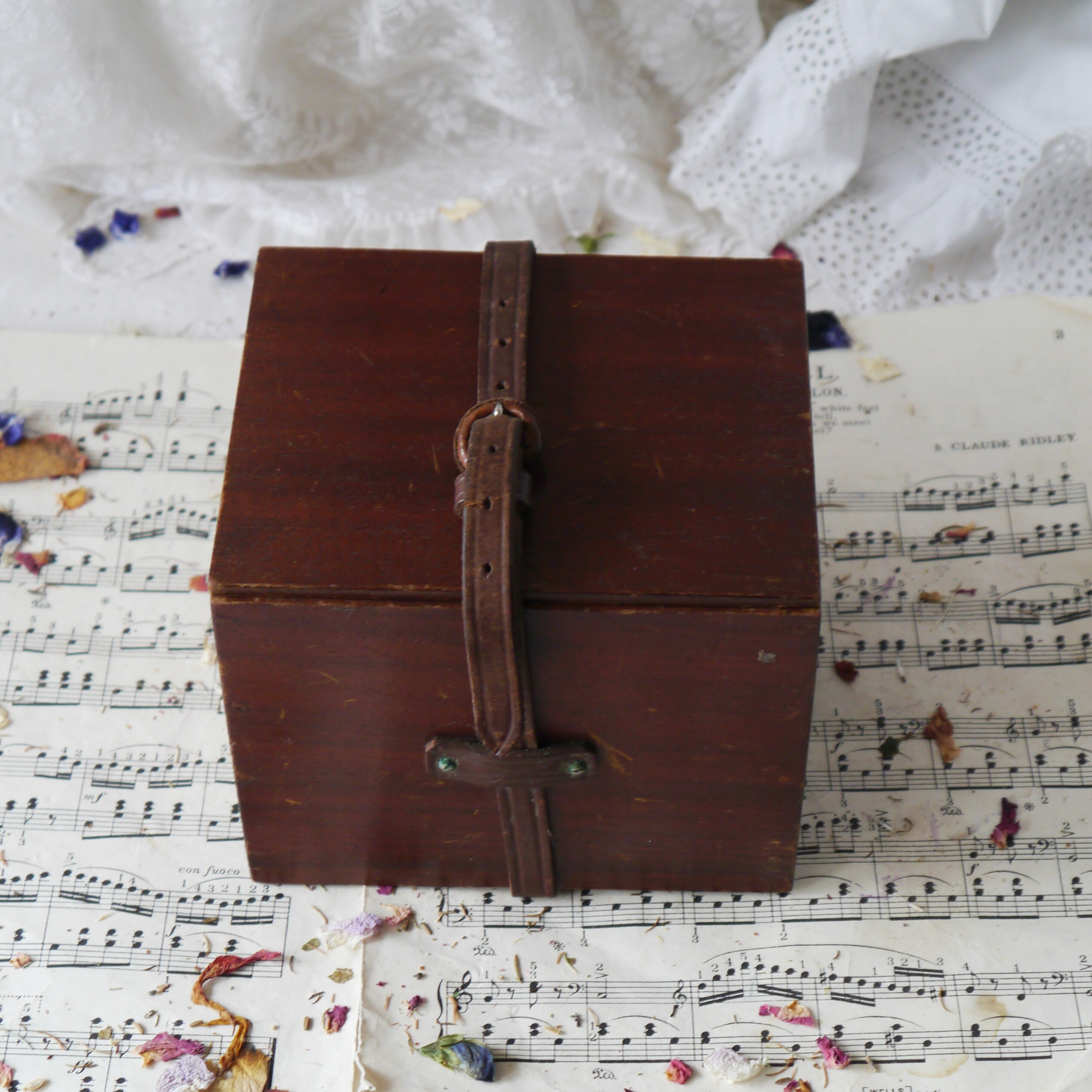 Small Vintage Wooden Box With Leather Strap Fastener 