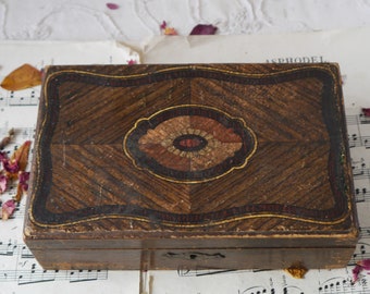 Antique Wooden Jewellery Box with Decorative Lid