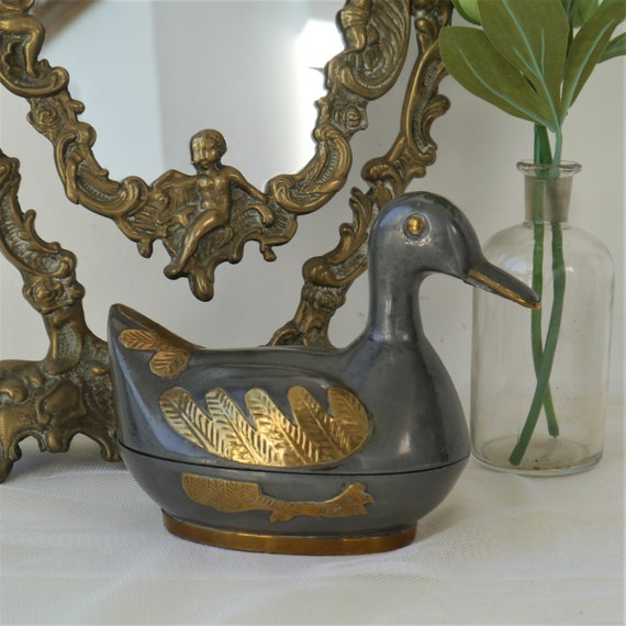 Pewter Duck Trinket box, Vintage Brass and Pewter Duck, Vintage Metal Duck Jewellery Holder, Duck Shaped Dish