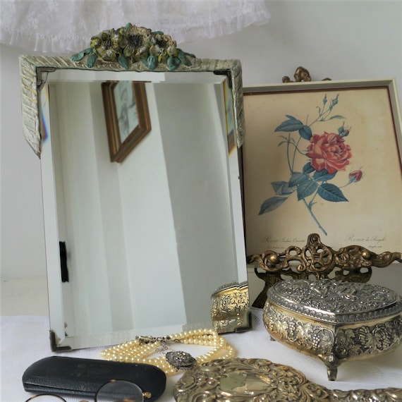 Vintage Free Standing Decoartive Mirror, Vintage Barbola Style Mirror, Mirror with Ceramic Flowers, Frameless Bevelled mirror