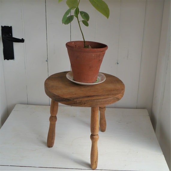 Vintage Wooden Milking Stool, Elm Rustic Stool, Three Legged Elm Stool, Wooden Plant Stand, Rustic Decor