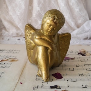 Può includere: Una statuetta di cherubino dorata con le ali, seduta con la testa appoggiata sulle braccia. La statuetta è su un foglio di musica con petali di fiori secchi.