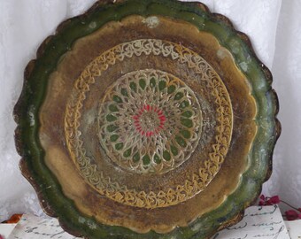 Round Vintage Florentine Tray Green and Gold