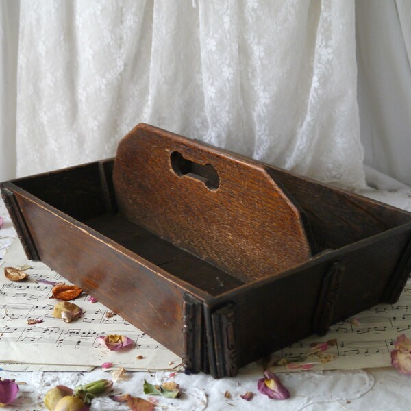 Antique Oak Cutlery Caddy with Carry Handle