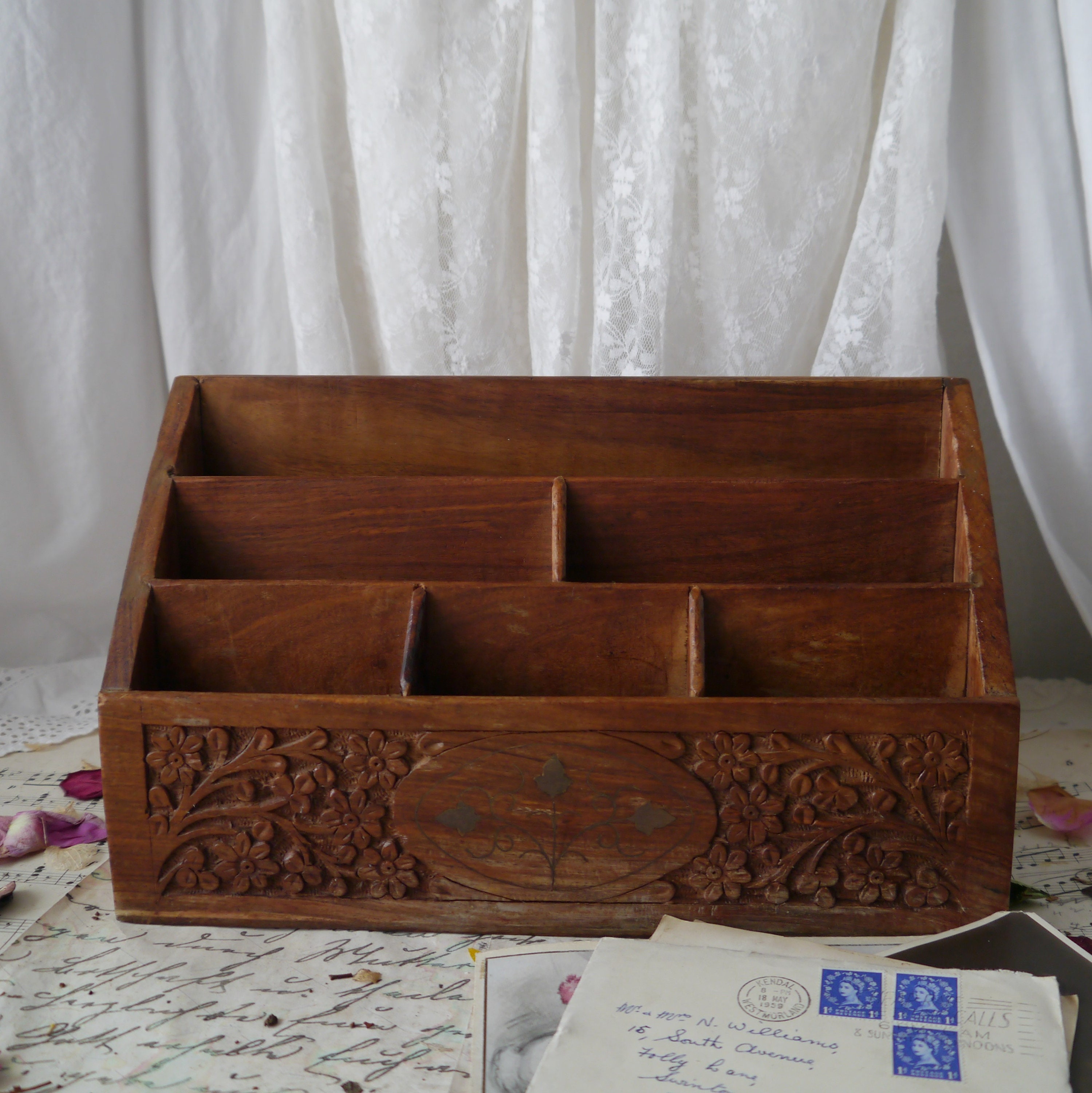 Hand Carved Wood Letter Rack  with Flower Cutwork & Brass Inlay Wooden Desk Tidy 