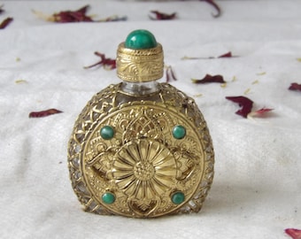 Vintage Ornate Perfume Bottle Encased in Gold Tone Decorative Wire