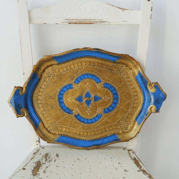 Decorative Florentine Tray with Handles in Blue and Gold