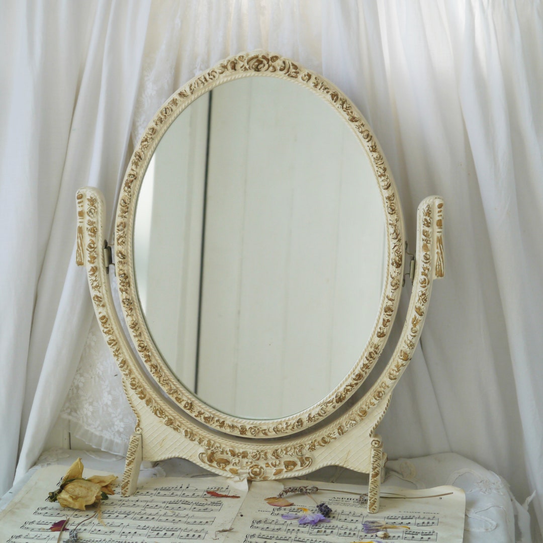 Vintage Oval Vanity Mirror on a Painted Cream and Gold Wooden Etsy UK