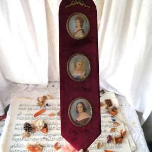 Trio of Miniature Vintage Portrait Paintings in a Velvet Frame