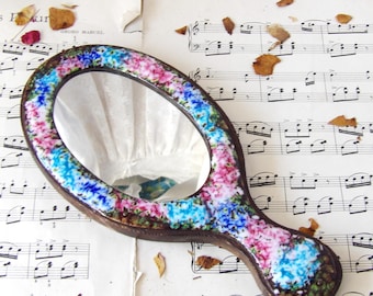 Vintage Hand Mirror Copper on Wood