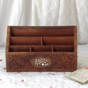 Vintage Carved Wood Letter Rack with Shell Decoration