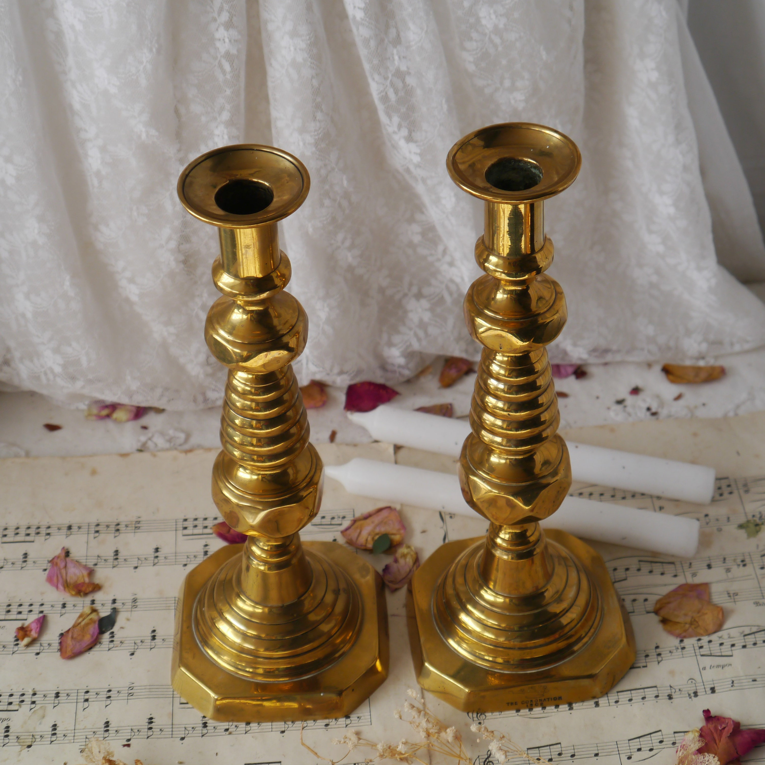 Antique English Brass Beehive Candlesticks, Pair -  Canada