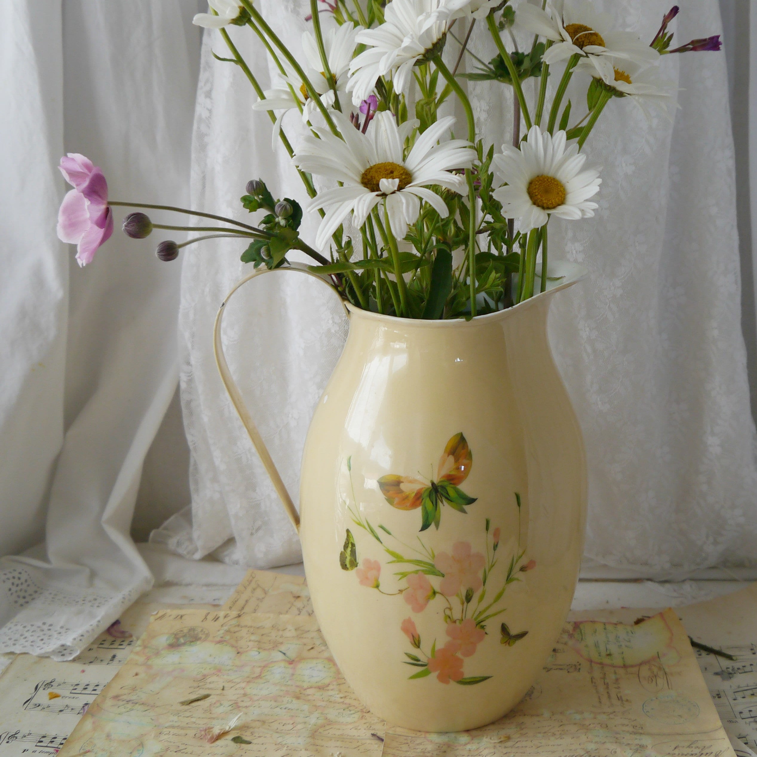 Vintage Enamel Jug With Flowers and Butterflies Etsy UK