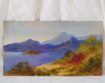Vintage Lake and Mountain Painting on Cardboard