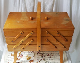 Big Wooden Sewing Box, Dark Brown Concentrina Box, Cantilever