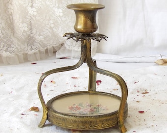Vintage Metal Candle Holder with Petit Point Floral Embroidery