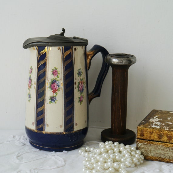 Decorative Vintage Ceramic Jug with Pewter Lid