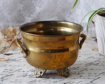 Mini Vintage Footed Brass Planter with Side Handles