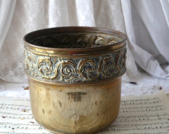 Decorative Vintage Brass Planter with Embossed Band