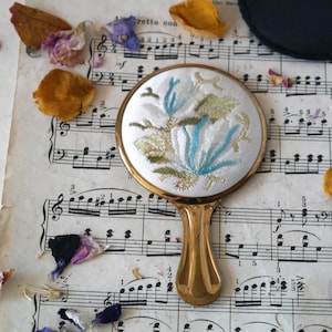 Vintage Mini Hand Mirror with Embroidered Flowers