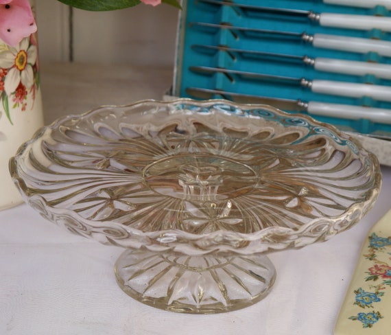 Vintage Glass Cake Stand, Clear Glass Cake Stand, Aternoon Tea Cake Stand, Pedestal Cake Stand