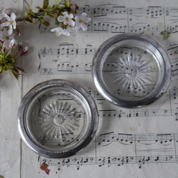 Pair of Vintage Silverplate and Glass Coasters