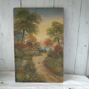 Pintura de cabaña antigua sobre cartón