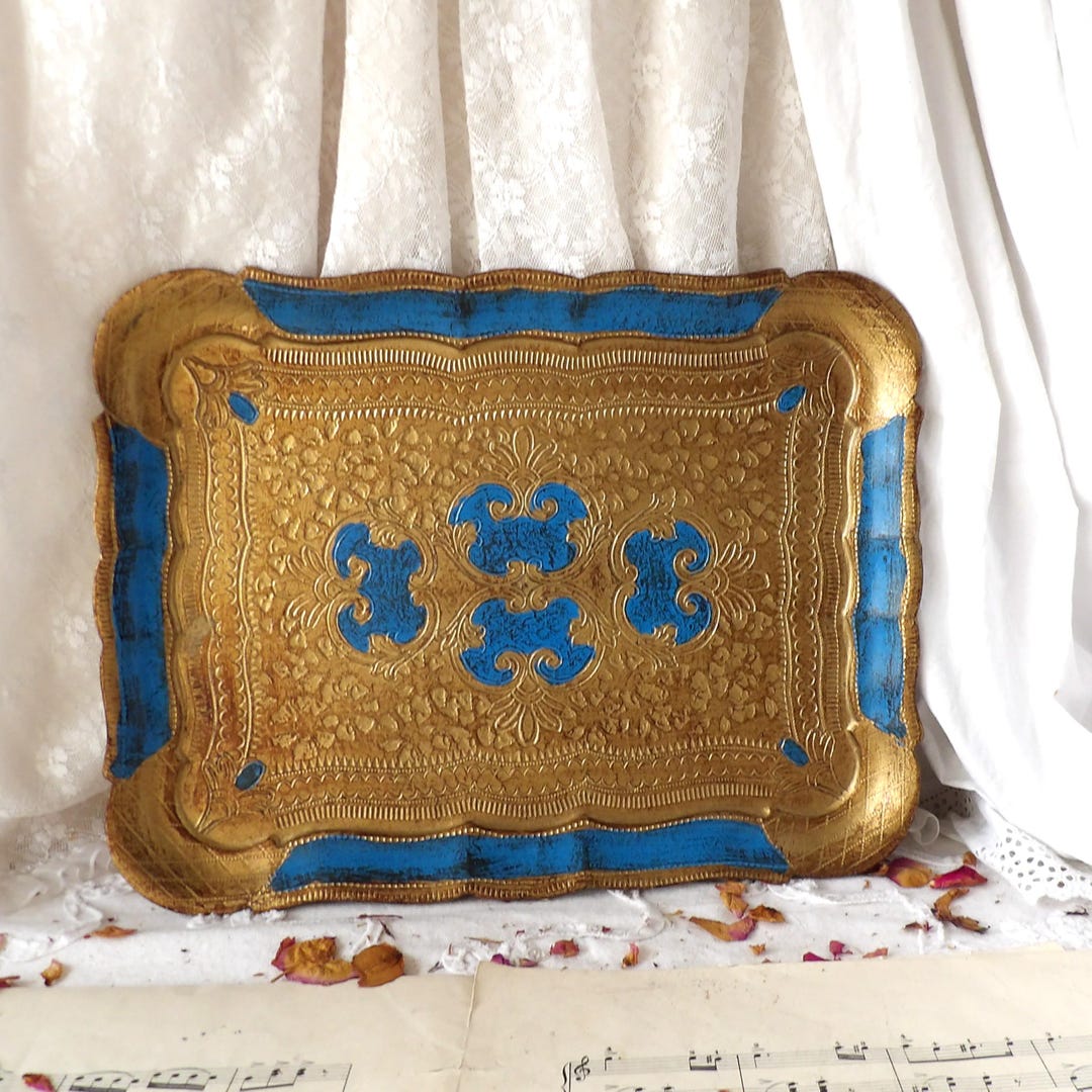 Vintage Florentine Tray Gold and Blue - Etsy