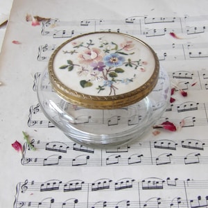 Vintage Glass Powder Puff Jar with Brass Lid and Petit Point Embroidery