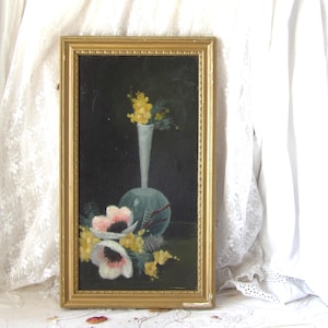 Vintage Flower and Vase Painting on Board Framed