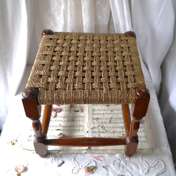 Vintage Wooden Stool with Woven Rope Seat