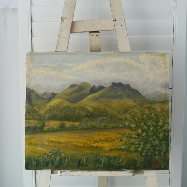 Vintage Oil Painting on Board Hills and Fields