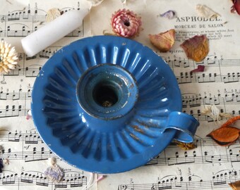 Vintage Blue Metal Candle Holder Scallop Shape