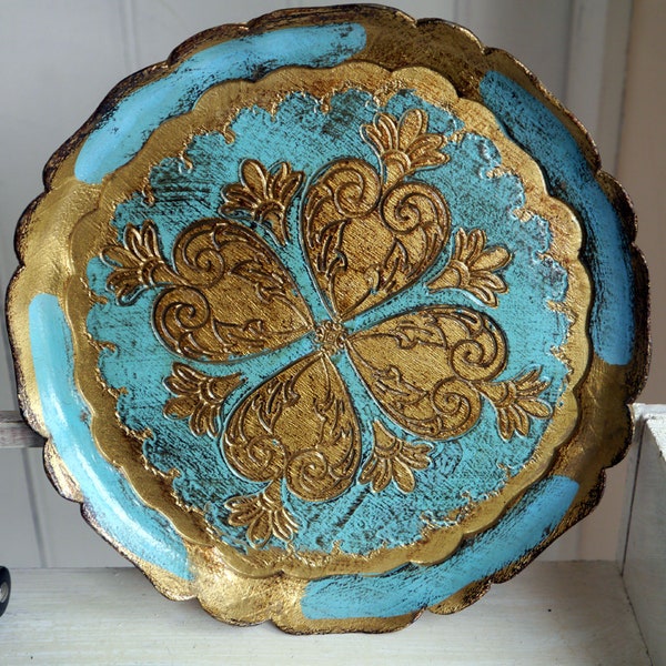 Vintage Italian Florentine Tray Turquoise and Gold, Small Round Decorative Tray, Painted Italian Tray, Made In Italy, Faded Grandeur