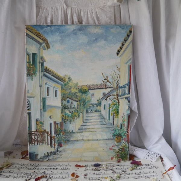 Peinture à l’huile vintage sur toile Scène de rue italienne