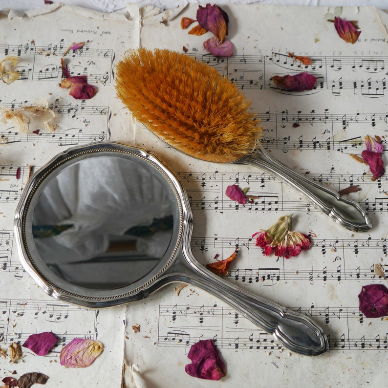 Vintage Silverplate Hand Mirror and Brush Set Etsy