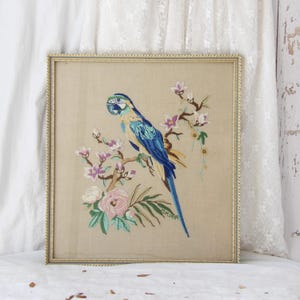 Framed Vintage Parrot Silk Embroidery