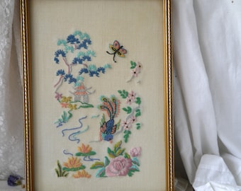 Vintage Floral and Bird Embroidered Picture
