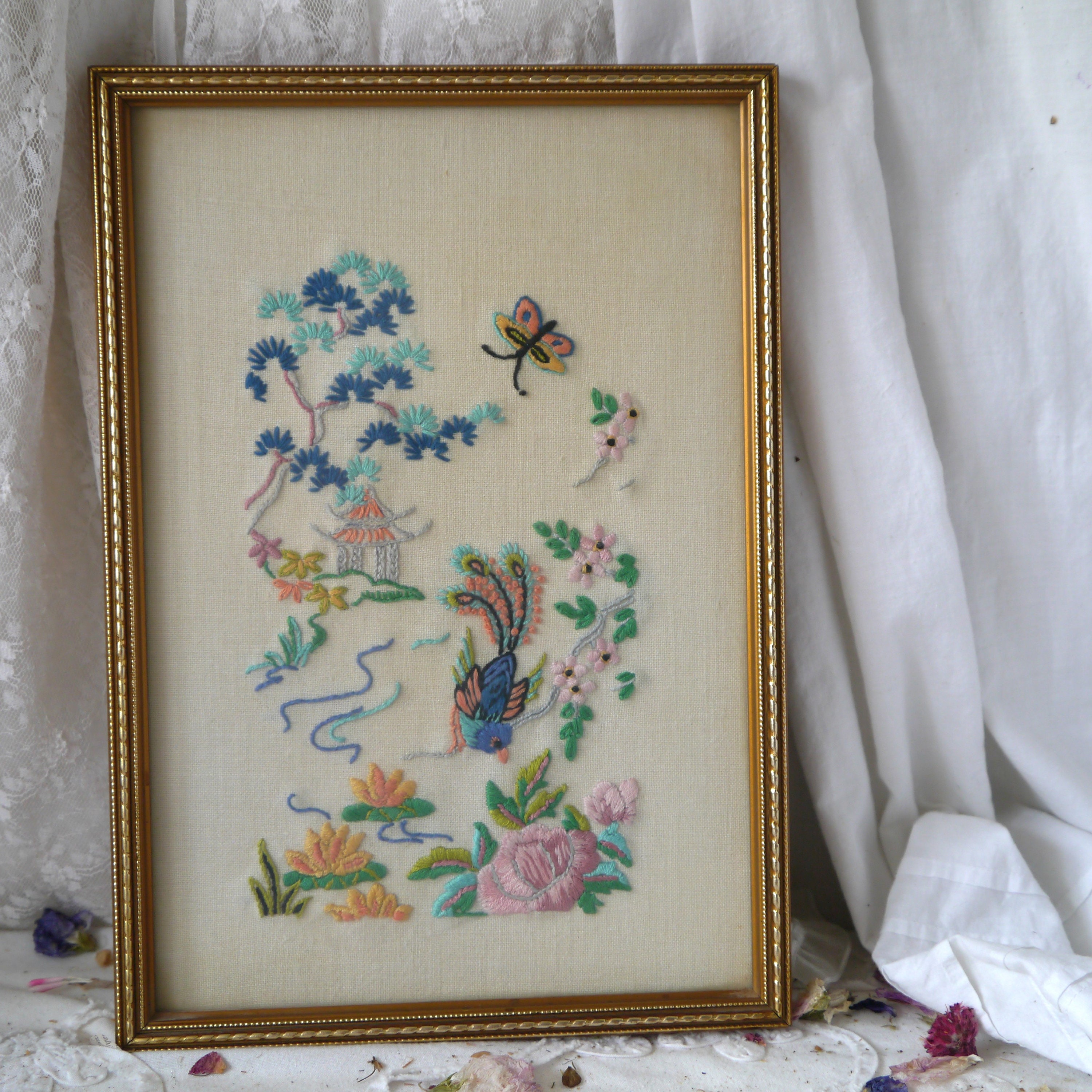 Vintage Floral and Bird Embroidered Picture - Etsy