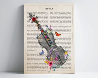May include: A vintage illustration of a violin with floral accents and butterflies. The image is overlaid on a page of text about the history of the violin.