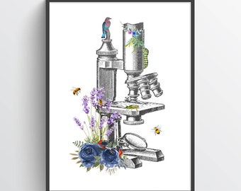 Microscope Art Print, Medical Decor, Science Art, Biology Art, Doctors Office, Gift For Laboratory Technician, Microbiologist Wall Decor