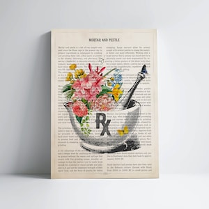 Mortar and Pestle Flower Print, RX Pharmacy Gift, Apothecary Art, Pharmacist Gift Idea, Dietitian Lab Technician Medical Decor