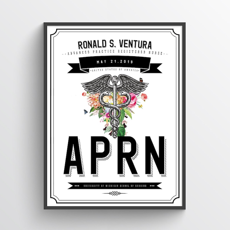 May include: A black and white printable poster with a floral design and the text "Ronald S. Ventura, Advanced Practice Registered Nurse, May 21, 2019, United States of America, APRN, University of Michigan School of Nursing."