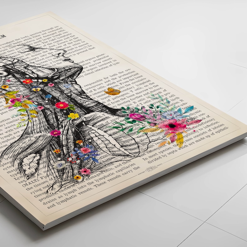 May include: A vintage anatomical illustration of the human lymphatic system with colorful flowers superimposed on the image. The text on the page reads "From birth pre-ado", "responsible for both the ere", "precursors and the protectio", "n of B cells, which are importa", "e immage atem. From the bone", "simme Join the circulato", "travelcondary &pi;&omicron;&lambda;&lambda;", "h of pathogens. T cells, on the", "el from the bone marrow to the", "Join It cells in search of", "of T cells begin a pro", "hey develop further and mature."